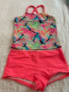 OP Girls' Neon Pink Parrot One-Piece Tankini Style Swim Set